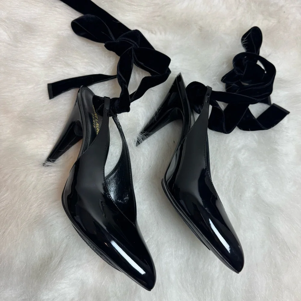 Saint Laurent Kika 55 Lace Up Patent Leather Sling Back Heels - Picture 5 of 11